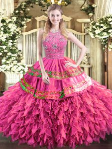 Amazing Hot Pink Halter Top Neckline Beading and Ruffles and Sequins Ball Gown Prom Dress Sleeveless Zipper