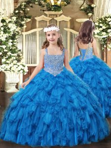 Baby Blue Lace Up Straps Beading and Ruffles Custom Made Pageant Dress Tulle Sleeveless