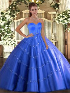Great Ball Gowns Sweet 16 Dress Blue Sweetheart Tulle Sleeveless Floor Length Lace Up