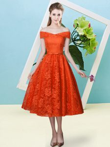 Beauteous Off The Shoulder Cap Sleeves Dama Dress for Quinceanera Tea Length Bowknot Rust Red Lace