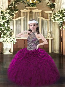 Adorable Ball Gowns Kids Formal Wear Fuchsia Halter Top Organza Sleeveless Floor Length Lace Up