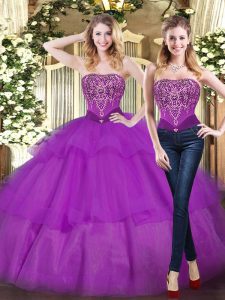 Flare Eggplant Purple Tulle Lace Up Quinceanera Gowns Sleeveless Floor Length Beading and Ruffled Layers