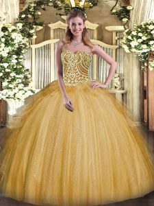 Clearance Gold Ball Gowns Beading and Ruffles Quinceanera Dress Lace Up Organza Sleeveless Floor Length