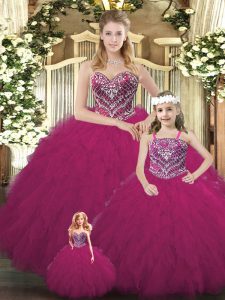 Beautiful Fuchsia Organza Lace Up Sweetheart Sleeveless Floor Length Quinceanera Dress Beading and Ruffles