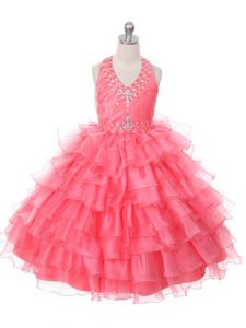 New Arrival Coral Red Sleeveless Organza Lace Up Little Girl Pageant Dress for Wedding Party