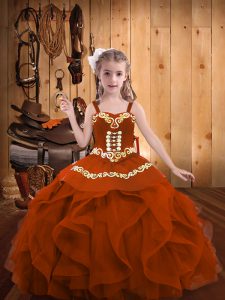 Admirable Rust Red Organza Lace Up Straps Sleeveless Floor Length Pageant Gowns Embroidery and Ruffles