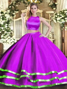High Quality Tulle High-neck Sleeveless Criss Cross Ruching Military Ball Gowns in Purple