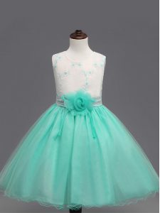 Sleeveless Organza Knee Length Zipper Little Girl Pageant Gowns in Apple Green with Appliques and Hand Made Flower