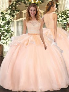 Romantic Peach Scoop Neckline Lace 15 Quinceanera Dress Sleeveless Clasp Handle