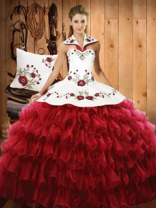 Customized Halter Top Sleeveless Vestidos de Quinceanera Floor Length Embroidery and Ruffled Layers Wine Red Organza