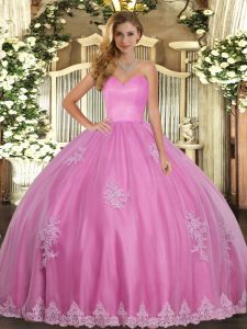 Rose Pink Sleeveless Floor Length Beading and Appliques Lace Up Quinceanera Gown