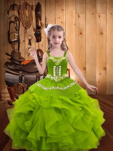 Olive Green Sleeveless Floor Length Embroidery and Ruffles Lace Up Pageant Dress for Girls