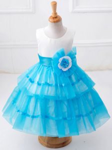 Perfect Baby Blue Zipper Pageant Dress for Teens Ruffled Layers and Hand Made Flower Sleeveless Tea Length