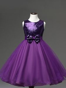 Sleeveless Tulle Tea Length Zipper Pageant Dress for Girls in Purple with Sequins and Bowknot