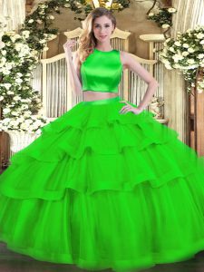 Green Vestidos de Quinceanera Military Ball and Sweet 16 and Quinceanera with Ruffled Layers High-neck Sleeveless Criss Cross