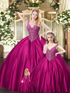 Fuchsia Lace Up Straps Beading 15th Birthday Dress Organza Sleeveless