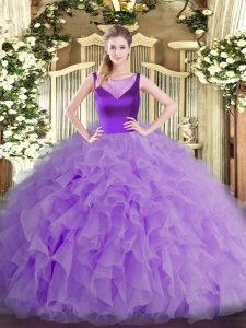 Customized Lavender Ball Gowns Organza Scoop Sleeveless Beading and Ruffles Floor Length Side Zipper Vestidos de Quinceanera