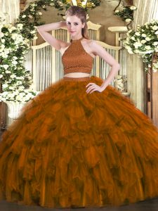 Fitting Brown Backless 15th Birthday Dress Beading and Ruffles Sleeveless Floor Length