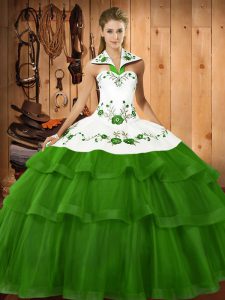 Fabulous Green Organza Lace Up Ball Gown Prom Dress Sleeveless Sweep Train Embroidery and Ruffled Layers