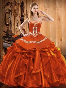 Perfect Sleeveless Satin and Organza Floor Length Lace Up Sweet 16 Dresses in Rust Red with Embroidery and Ruffles