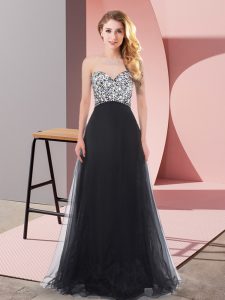 Beauteous Sleeveless Floor Length Beading Lace Up Quinceanera Court Dresses with Black