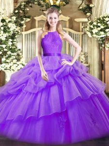 Fancy Eggplant Purple Organza Zipper Scoop Sleeveless Floor Length Quince Ball Gowns Lace and Ruffled Layers