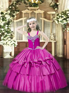 Fuchsia Lace Up Custom Made Pageant Dress Beading and Ruffled Layers Sleeveless Floor Length