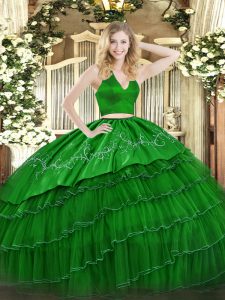 Green Zipper Quinceanera Gowns Embroidery Sleeveless Floor Length