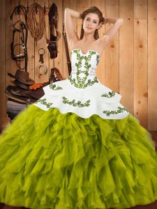 Embroidery and Ruffles Sweet 16 Dress Olive Green Lace Up Sleeveless Floor Length