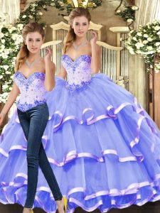 Glorious Lavender Ball Gowns Beading and Ruffled Layers Quinceanera Dresses Lace Up Tulle Sleeveless Floor Length