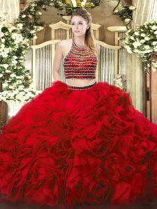 Red Sleeveless Floor Length Beading and Ruffles Zipper Sweet 16 Quinceanera Dress