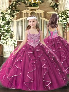 Floor Length Lace Up Little Girls Pageant Dress Wholesale Fuchsia for Party and Sweet 16 and Quinceanera and Wedding Party with Beading and Ruffles