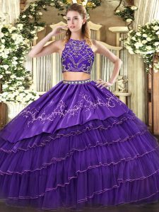 Purple Tulle Zipper High-neck Sleeveless Floor Length 15 Quinceanera Dress Beading and Embroidery and Ruffled Layers