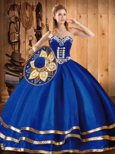 Flirting Satin and Tulle Sweetheart Sleeveless Lace Up Embroidery Vestidos de Quinceanera in Blue
