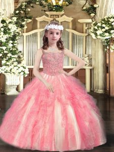 Watermelon Red Sleeveless Tulle Lace Up Pageant Dress for Girls for Party and Sweet 16 and Quinceanera and Wedding Party
