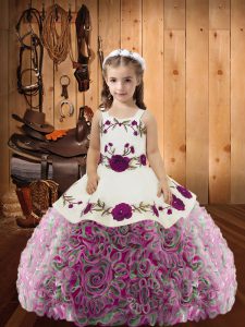 Custom Designed Multi-color Ball Gowns Straps Sleeveless Fabric With Rolling Flowers Floor Length Lace Up Embroidery and Ruffles Kids Pageant Dress