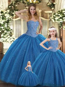Low Price Teal Sweetheart Lace Up Beading Quince Ball Gowns Sleeveless