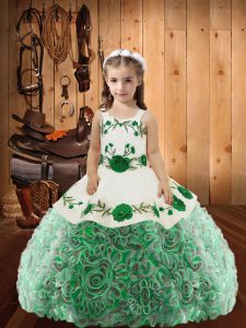 Sleeveless Fabric With Rolling Flowers Floor Length Lace Up Pageant Dress for Teens in Multi-color with Embroidery and Ruffles