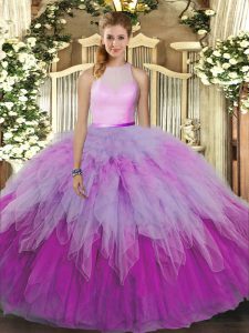 Sleeveless Organza Floor Length Backless Quinceanera Dresses in Multi-color with Ruffles