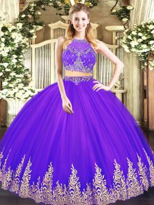 Tulle Scoop Sleeveless Zipper Beading and Appliques 15 Quinceanera Dress in Purple