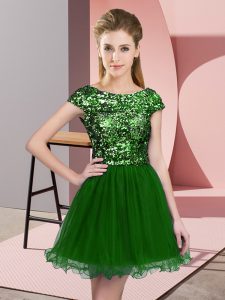 Beauteous A-line Damas Dress Green Scoop Tulle Cap Sleeves Mini Length Zipper