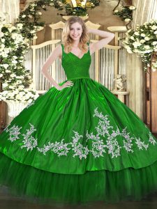 Green Sleeveless Taffeta Backless Ball Gown Prom Dress for Military Ball and Sweet 16 and Quinceanera