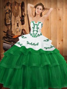 Beauteous Strapless Sleeveless Quinceanera Gown Sweep Train Embroidery and Ruffled Layers Green Tulle