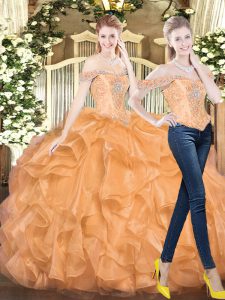 Vintage Off The Shoulder Sleeveless Quinceanera Dress Floor Length Beading and Ruffles Orange Red Organza