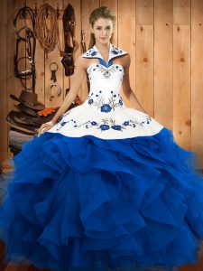 Modern Sleeveless Floor Length Embroidery and Ruffles Lace Up Quinceanera Dresses with Blue