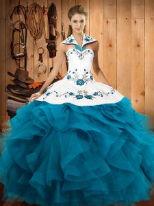 Exquisite Floor Length Teal 15th Birthday Dress Halter Top Sleeveless Lace Up