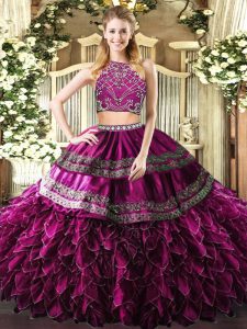 Customized Fuchsia Ball Gowns Beading and Ruffles Quinceanera Gown Zipper Tulle Sleeveless Floor Length