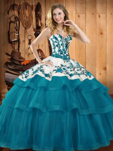 Sweep Train Ball Gowns Sweet 16 Dresses Teal Sweetheart Organza Sleeveless Lace Up