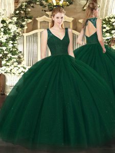Dark Green Ball Gowns Beading and Lace Quinceanera Dress Backless Tulle Sleeveless Floor Length