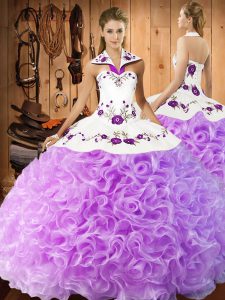 Hot Selling Lilac Fabric With Rolling Flowers Lace Up Quince Ball Gowns Sleeveless Floor Length Embroidery